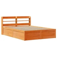 Cama De Matrimonio | Cama De Adulto | Estructura Cama Con Cabecero Madera Pino Marrón Cera 135x190 Cm