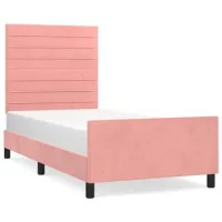 Cama Individual | Cama De Adulto | Estructura De Cama Con Cabecero De Terciopelo Rosa 90x190 Cm