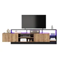 Mueble De Tv Moderno Para Pantalla De 70» - Estantes Abiertos Con Led - Acabado En Madera Y Marco Negro