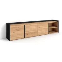 Mueble Tv, Televisión, Muebles De Salón, Almacenaje, 207x35x50 Cm, Para Tv Hasta 80", Con Almacenamiento, Estilo Moderno, Roble Y Negro