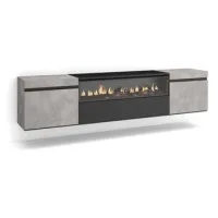 Mueble Tv, Televisión, Muebles De Salón, Almacenaje, 200x45x35cm, Para Tv Hasta 80", Chimenea Eléctrica, Colgado, Suspendido, Estilo Moderno, Cemento