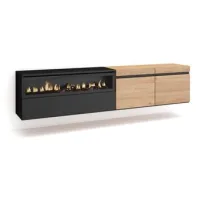 Mueble Tv, Televisión, Muebles De Salón, Almacenaje, 200x45x35cm, Para Tv Hasta 80", Chimenea Eléctrica, Colgado, Suspendido, Estilo Moderno, Roble Y Negro