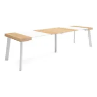 Mesa Consola Extensible, Mesa Comedor Plegable, 300, Para 14 Comensales, Patas De Madera, Estilo Moderno, Roble Y Blanco