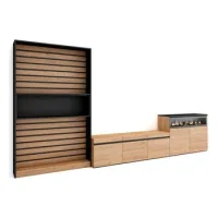 Muebles De Salón Para Tv, Conjunto De Muebles Comedor, 360x186x35cm, Para Tv Hasta 65", Chimenea Eléctrica, Estilo Moderno, Roble Y Negro