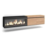 Mueble Tv, Televisión, Muebles De Salón, Almacenaje, 210, Para Tv Hasta 80", Chimenea Eléctrica Xxl, Colgado, Suspendido, Estilo Moderno, Roble Y Negro