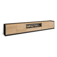 Mueble Tv, Televisión, Muebles De Salón, Almacenaje, 310x50x37 Cm, Para Tv Hasta 80", Chimenea Eléctrica, Estilo Moderno, Roble Y Negro