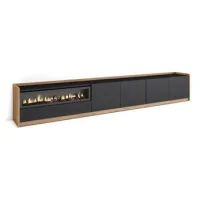 Mueble Tv, Televisión, Muebles De Salón, Almacenaje, 310x50x37 Cm, Para Tv Hasta 80", Chimenea Eléctrica, Estilo Moderno, Negro Y Roble