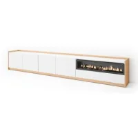 Mueble Tv, Televisión, Muebles De Salón, Almacenaje, 310x50x37 Cm, Para Tv Hasta 80", Chimenea Eléctrica, Estilo Moderno, Blanco Y Roble Soft