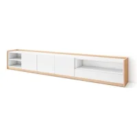 Mueble Tv, Televisión, Muebles De Salón, Almacenaje, 310x50x37 Cm, Para Tv Hasta 80", Con Almacenamiento, Estilo Moderno, Blanco Y Roble Soft
