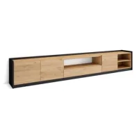 Mueble Tv, Televisión, Muebles De Salón, Almacenaje, 310x50x37 Cm, Para Tv Hasta 80", Con Almacenamiento, Estilo Moderno, Roble Y Negro