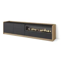 Mueble Tv, Televisión, Muebles De Salón, Almacenaje, 207x50x37 Cm, Para Tv Hasta 80", Chimenea Eléctrica, Estilo Moderno, Negro Y Roble
