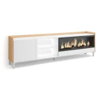 Mueble Tv, Televisión, Muebles De Salón, Almacenaje, 212x61x35 Cm, Para Tv Hasta 80", Chimenea Eléctrica Xxl, Diseño Industrial, Led, Estilo Moderno, Blanco Y Roble Soft