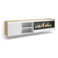 Mueble Tv, Televisión, Muebles De Salón, Almacenaje, 212x50x35 Cm, Para Tv Hasta 80", Chimenea Eléctrica Xxl, Colgado, Suspendido, Estilo Moderno, Blanco Y Roble Soft