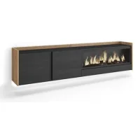 Mueble Tv, Televisión, Muebles De Salón, Almacenaje, 212x50x35 Cm, Para Tv Hasta 80", Chimenea Eléctrica Xxl, Colgado, Suspendido, Led, Estilo Moderno, Negro Y Roble