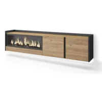 Mueble Tv, Televisión, Muebles De Salón, Almacenaje, 212x50x35 Cm, Para Tv Hasta 80", Chimenea Eléctrica Xxl, Colgado, Suspendido, Led, Estilo Moderno, Roble Y Negro