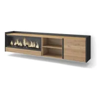 Mueble Tv, Televisión, Muebles De Salón, Almacenaje, 212x50x35 Cm, Para Tv Hasta 80", Chimenea Eléctrica Xxl, Colgado, Suspendido, Estilo Moderno, Roble Y Negro