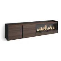 Mueble Tv, Televisión, Muebles De Salón, Almacenaje, 212x50x35 Cm, Para Tv Hasta 80", Chimenea Eléctrica Xxl, Estilo Moderno, Roble Oscuro Y Negro
