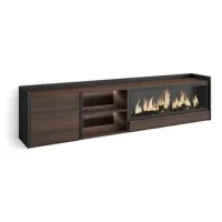 Mueble Tv, Televisión, Muebles De Salón, Almacenaje, 212x50x35 Cm, Para Tv Hasta 80", Chimenea Eléctrica Xxl, Led, Estilo Moderno, Roble Oscuro Y Negro