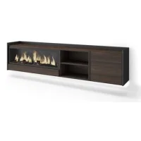 Mueble Tv, Televisión, Muebles De Salón, Almacenaje, 212x50x35 Cm, Para Tv Hasta 80", Chimenea Eléctrica Xxl, Colgado, Suspendido, Led, Estilo Moderno, Roble Oscuro Y Negro