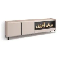Mueble Tv, Televisión, Muebles De Salón, Almacenaje, 212x61x35 Cm, Para Tv Hasta 80", Chimenea Eléctrica Xxl, Diseño Industrial, Estilo Moderno, Beige