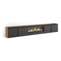 Mueble Tv, Televisión, Muebles De Salón, Almacenaje, 315x50x35 Cm, Para Tv Hasta 80", Chimenea Eléctrica Xxl, Estilo Moderno, Negro Y Roble