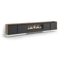 Mueble Tv, Televisión, Muebles De Salón, Almacenaje, 315x50x35 Cm, Para Tv Hasta 80", Chimenea Eléctrica Xxl, Colgado, Suspendido, Led, Estilo Moderno, Negro Y Roble