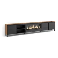 Mueble Tv, Televisión, Muebles De Salón, Almacenaje, 315x61x35 Cm, Para Tv Hasta 80", Chimenea Eléctrica Xxl, Diseño Industrial, Estilo Moderno, Negro Y Roble