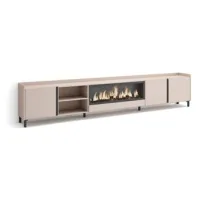 Mueble Tv, Televisión, Muebles De Salón, Almacenaje, 315x61x35 Cm, Para Tv Hasta 80", Chimenea Eléctrica Xxl, Diseño Industrial, Estilo Moderno, Beige