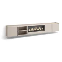 Mueble Tv, Televisión, Muebles De Salón, Almacenaje, 315x50x35 Cm, Para Tv Hasta 80", Chimenea Eléctrica Xxl, Colgado, Suspendido, Estilo Moderno, Beige