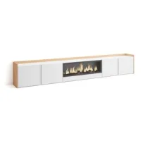 Mueble Tv, Televisión, Muebles De Salón, Almacenaje, 315x50x35 Cm, Para Tv Hasta 80", Chimenea Eléctrica Xxl, Estilo Moderno, Blanco Y Roble Soft