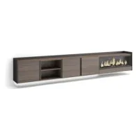 Mueble Tv, Televisión, Muebles De Salón, Almacenaje, 315x50x35 Cm, Para Tv Hasta 80", Chimenea Eléctrica Xxl, Colgado, Suspendido, Led, Estilo Moderno, Roble Oscuro Y Negro