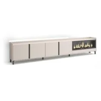 Mueble Tv, Televisión, Muebles De Salón, Almacenaje, 315x61x35 Cm, Para Tv Hasta 80", Chimenea Eléctrica Xxl, Diseño Industrial, Led, Estilo Moderno, Beige