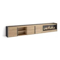 Mueble Tv, Televisión, Muebles De Salón, Almacenaje, 315x50x35 Cm, Para Tv Hasta 80", Chimenea Eléctrica Xxl, Estilo Moderno, Roble Y Negro