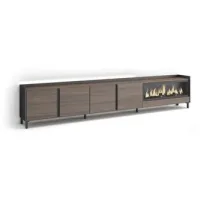 Mueble Tv, Televisión, Muebles De Salón, Almacenaje, 315x61x35 Cm, Para Tv Hasta 80", Chimenea Eléctrica Xxl, Diseño Industrial, Led, Estilo Moderno, Roble Oscuro Y Negro