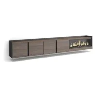 Mueble Tv, Televisión, Muebles De Salón, Almacenaje, 315x50x35 Cm, Para Tv Hasta 80", Chimenea Eléctrica Xxl, Colgado, Suspendido, Estilo Moderno, Roble Oscuro Y Negro