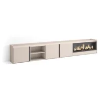 Mueble Tv, Televisión, Muebles De Salón, Almacenaje, 315x50x35 Cm, Para Tv Hasta 80", Chimenea Eléctrica Xxl, Estilo Moderno, Beige