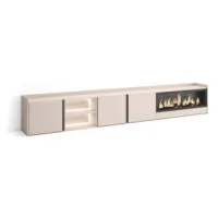 Mueble Tv, Televisión, Muebles De Salón, Almacenaje, 315x50x35 Cm, Para Tv Hasta 80", Chimenea Eléctrica Xxl, Led, Estilo Moderno, Beige