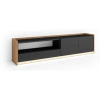 Mueble Tv, Televisión, Muebles De Salón, Almacenaje, 207x50x37 Cm, Para Tv Hasta 80", Led, Estilo Moderno, Negro Y Roble