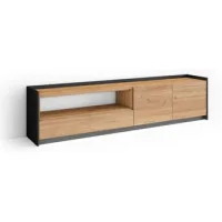 Mueble Tv, Televisión, Muebles De Salón, Almacenaje, 207x50x37 Cm, Para Tv Hasta 80", Led, Estilo Moderno, Roble Y Negro