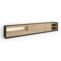 Mueble Tv, Televisión, Muebles De Salón, Almacenaje, 310x50x37 Cm, Para Tv Hasta 80", Led, Estilo Moderno, Roble Y Negro