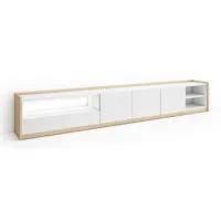 Mueble Tv, Televisión, Muebles De Salón, Almacenaje, 310x50x37 Cm, Para Tv Hasta 80", Led, Estilo Moderno, Blanco Y Roble Soft
