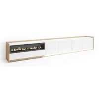 Mueble Tv, Televisión, Muebles De Salón, Almacenaje, 310x50x37 Cm, Para Tv Hasta 80", Chimenea Eléctrica, Led, Estilo Moderno, Blanco Y Roble Soft