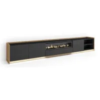 Mueble Tv, Televisión, Muebles De Salón, Almacenaje, 310x50x37 Cm, Para Tv Hasta 80", Chimenea Eléctrica, Led, Estilo Moderno, Negro Y Roble