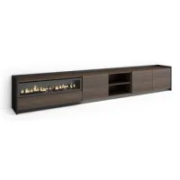 Mueble Tv, Televisión, Muebles De Salón, Almacenaje, 310x50x37 Cm, Para Tv Hasta 80", Chimenea Eléctrica, Led, Estilo Moderno, Roble Oscuro Y Negro