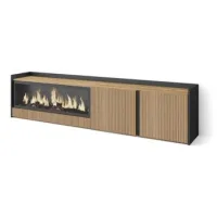 Mueble Tv, Televisión, Muebles De Salón, Almacenaje, 212x50x35 Cm, Para Tv Hasta 80", Chimenea Eléctrica Xxl, Estilo Moderno, Roble Y Negro