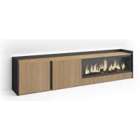 Mueble Tv, Televisión, Muebles De Salón, Almacenaje, 212x50x35 Cm, Para Tv Hasta 80", Chimenea Eléctrica Xxl, Led, Estilo Moderno, Roble Y Negro