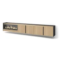 Mueble Tv, Televisión, Muebles De Salón, Almacenaje, 315x50x35 Cm, Para Tv Hasta 80", Chimenea Eléctrica Xxl, Colgado, Suspendido, Estilo Moderno, Roble Y Negro