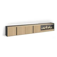 Mueble Tv, Televisión, Muebles De Salón, Almacenaje, 315x50x35 Cm, Para Tv Hasta 80", Chimenea Eléctrica Xxl, Led, Estilo Moderno, Roble Y Negro