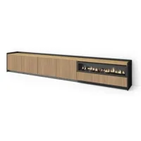 Mueble Tv, Televisión, Muebles De Salón, Almacenaje, 310x50x37 Cm, Para Tv Hasta 80", Chimenea Eléctrica, Led, Estilo Moderno, Roble Y Negro