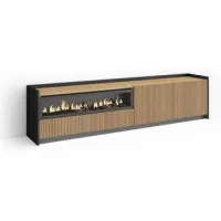 Mueble Tv, Televisión, Muebles De Salón, Almacenaje, 207x50x37 Cm, Para Tv Hasta 80", Chimenea Eléctrica, Led, Estilo Moderno, Roble Y Negro